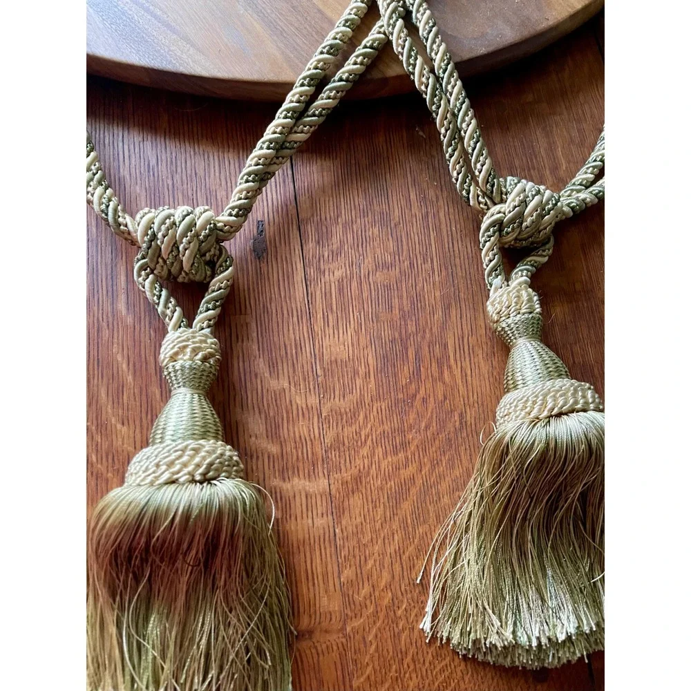 Vintage Sage Green Gold Tassel Curtain Tiebacks Twisted Rope Pair Set of 2